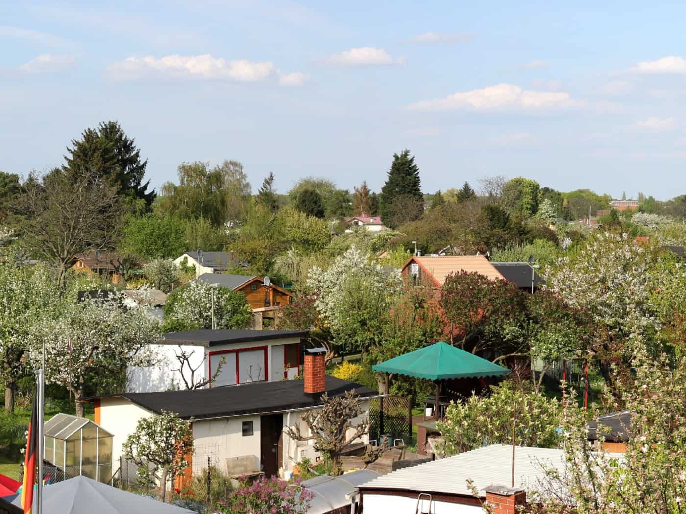 Panoramablick auf eine dicht bewachsene Kleingartenanlage mit zahlreichen kleinen Gartenhäusern, blühenden Bäumen und dichtem Grün unter leicht bewölktem, blauem Himmel. (Symbolbild)