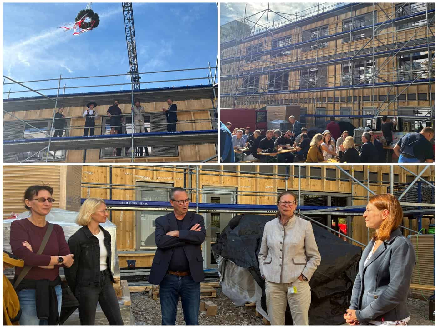 Dreiteilige Fotocollage: Oben hängt ein Richtkranz über dem Gerüst des Holzneubaus und Gäste feiern davor. Unten steht Bildungsbürgermeister Jan Donhauser mit Gesprächspartnern vor der Kita-Baustelle in Dresden-Prohlis.