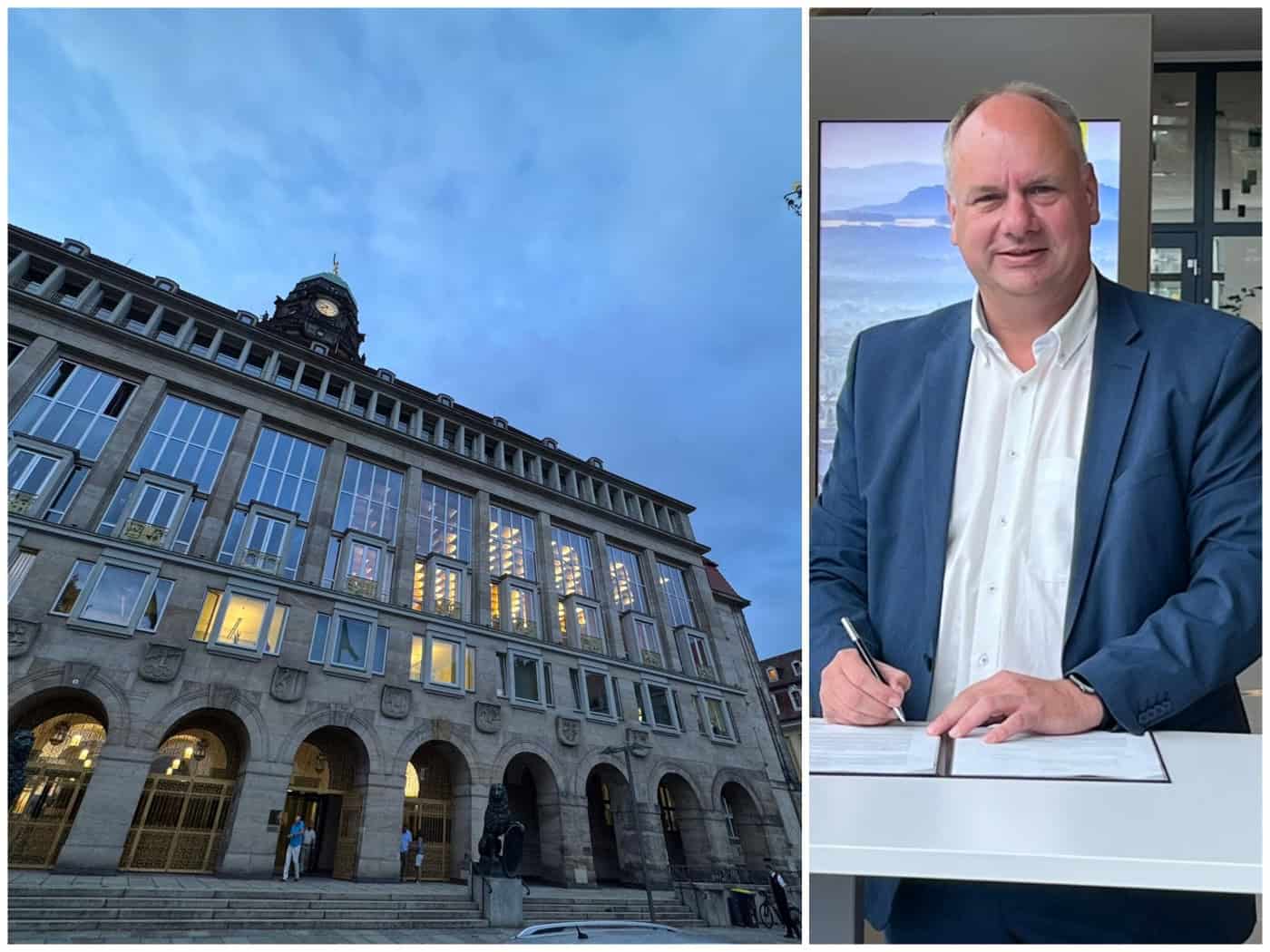 Zweiteilige Fotocollage: Links die beleuchtete Fassade des Neuen Rathauses Dresden bei Dämmerung. Rechts Oberbürgermeister Dirk Hilbert im blauen Sakko, der lächelnd ein Dokument unterschreibt.