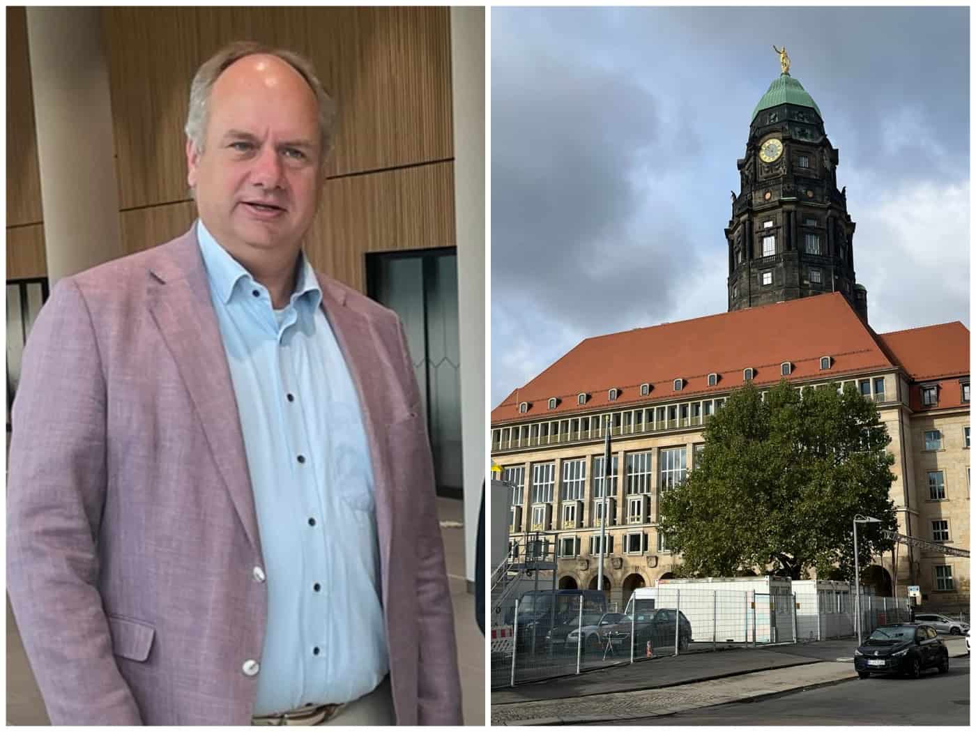 Zweiteilige Collage: Links ein Porträt von Dresdens Oberbürgermeister Dirk Hilbert in hellem Hemd und roséfarbenem Sakko. Rechts die Außenansicht des Dresdner Rathauses mit dem markanten Rathausturm und der goldenen Statue an der Spitze unter wolkenverhangenem Himmel.