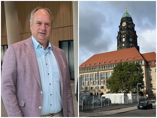 Zweiteilige Collage: Links ein Porträt von Dresdens Oberbürgermeister Dirk Hilbert in hellem Hemd und roséfarbenem Sakko. Rechts die Außenansicht des Dresdner Rathauses mit dem markanten Rathausturm und der goldenen Statue an der Spitze unter wolkenverhangenem Himmel.