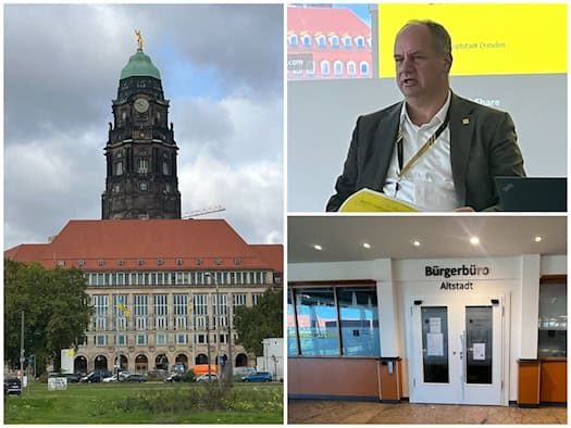 Dreiteilige Collage: Links das Dresdner Rathaus mit Turm. Oben rechts Dresdens Oberbürgermeister Dirk Hilbert im Sakko bei einer Präsentation. Unten rechts der Eingangsbereich des Bürgerbüros Altstadt mit dem Schriftzug „Bürgerbüro Altstadt“.