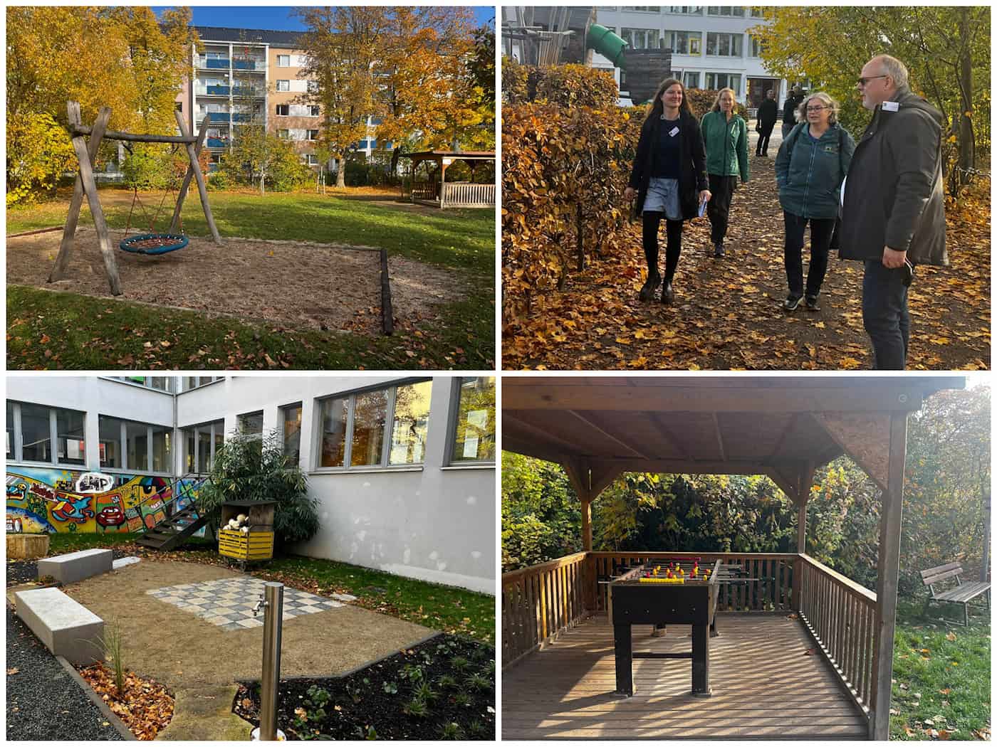 Dresden-Striesen: Umgestaltung des Schulhofs der Montessorischule Huckepack Vierteilige Collage der Montessorischule Dresden: Oben links Schaukel und Pavillon, oben rechts Begehung mit Eva Jähnigen und Harry Vahle, unten links neu gestalteter Hof mit Sitzbänken und Schachfeld, unten rechts Tischkicker unter Holzdach.