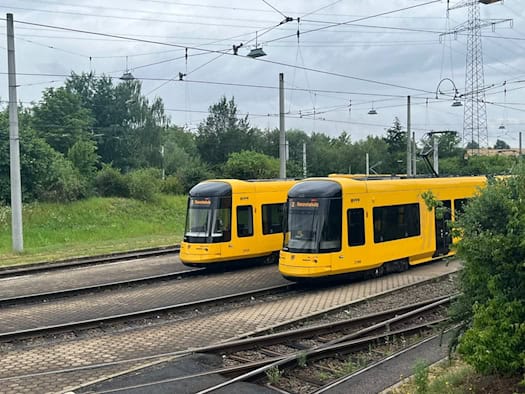 Zwei gelbe Straßenbahnen der Dresdner Verkehrsbetriebe (DVB) stehen nebeneinander auf den Gleisen im Betriebshof Gorbitz. Im Hintergrund sind Bäume und ein Strommast unter bedecktem Himmel zu sehen.