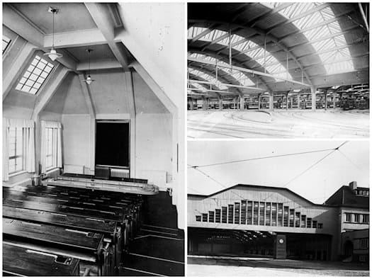 Historische Schwarz-Weiß-Collage aus drei Aufnahmen des Dresdner Straßenbahnhofes Waltherstraße: links ein Fahrschulraum mit Modellbahnanlage, oben rechts die Abstellhalle mit geschwungenem Dachtragwerk und Straßenbahnen, unten rechts die Einfahrt mit großen Fensterbändern.