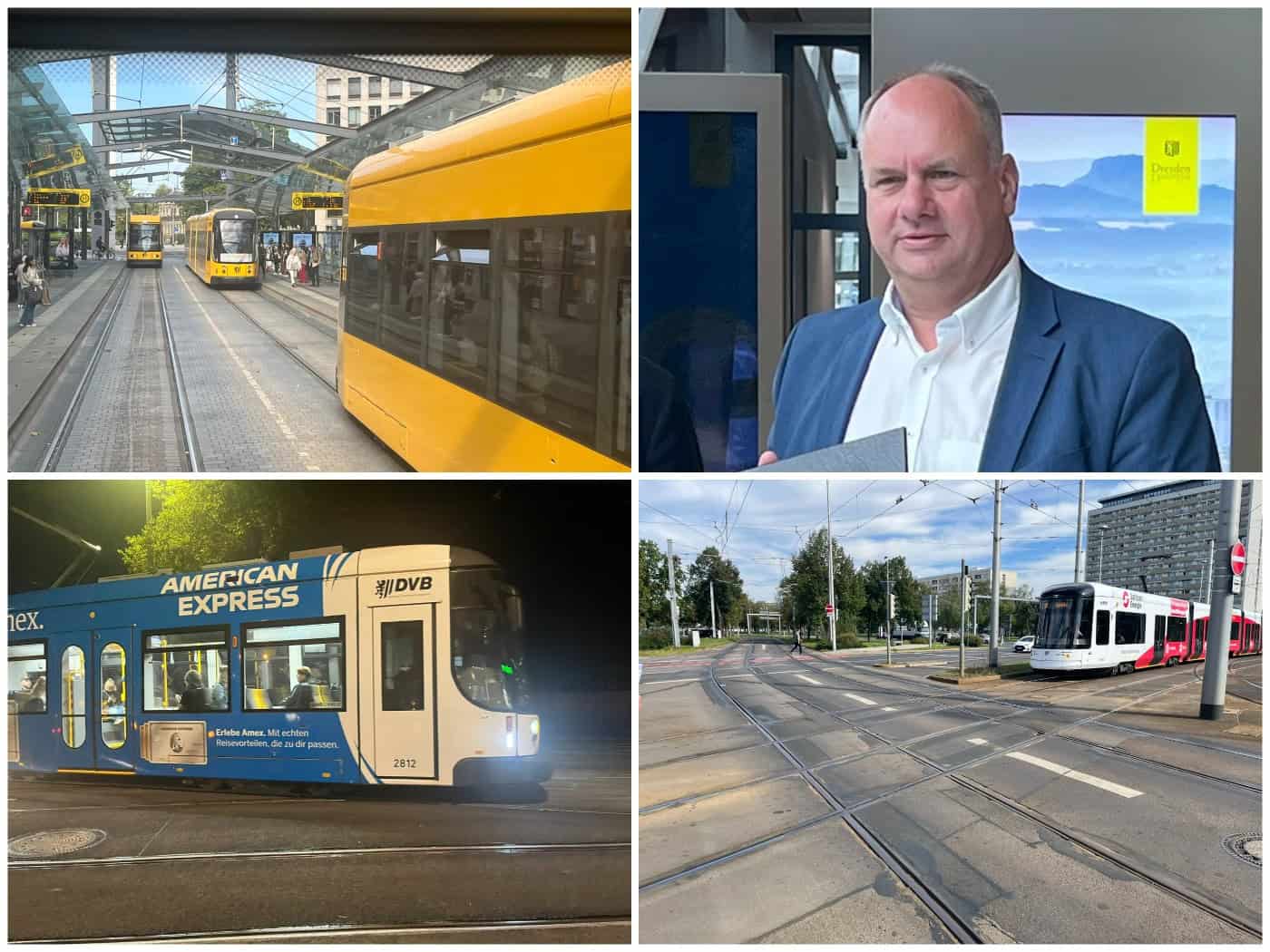 Vierteilige Collage: Oben links moderne gelbe Straßenbahnen am Postplatz-Zentralhalt; oben rechts Porträt von OB Dirk Hilbert; unten links DVB-Bahn bei Nacht mit American-Express-Werbung; unten rechts eine Gleiskreuzung auf einer Hauptstraße mit herannahender weißer Bahn. 