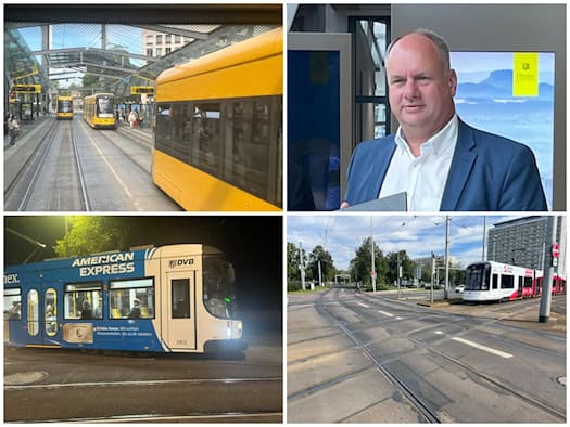 Vierteilige Collage: Oben links moderne gelbe Straßenbahnen am Postplatz-Zentralhalt; oben rechts Porträt von OB Dirk Hilbert; unten links DVB-Bahn bei Nacht mit American-Express-Werbung; unten rechts eine Gleiskreuzung auf einer Hauptstraße mit herannahender weißer Bahn. 