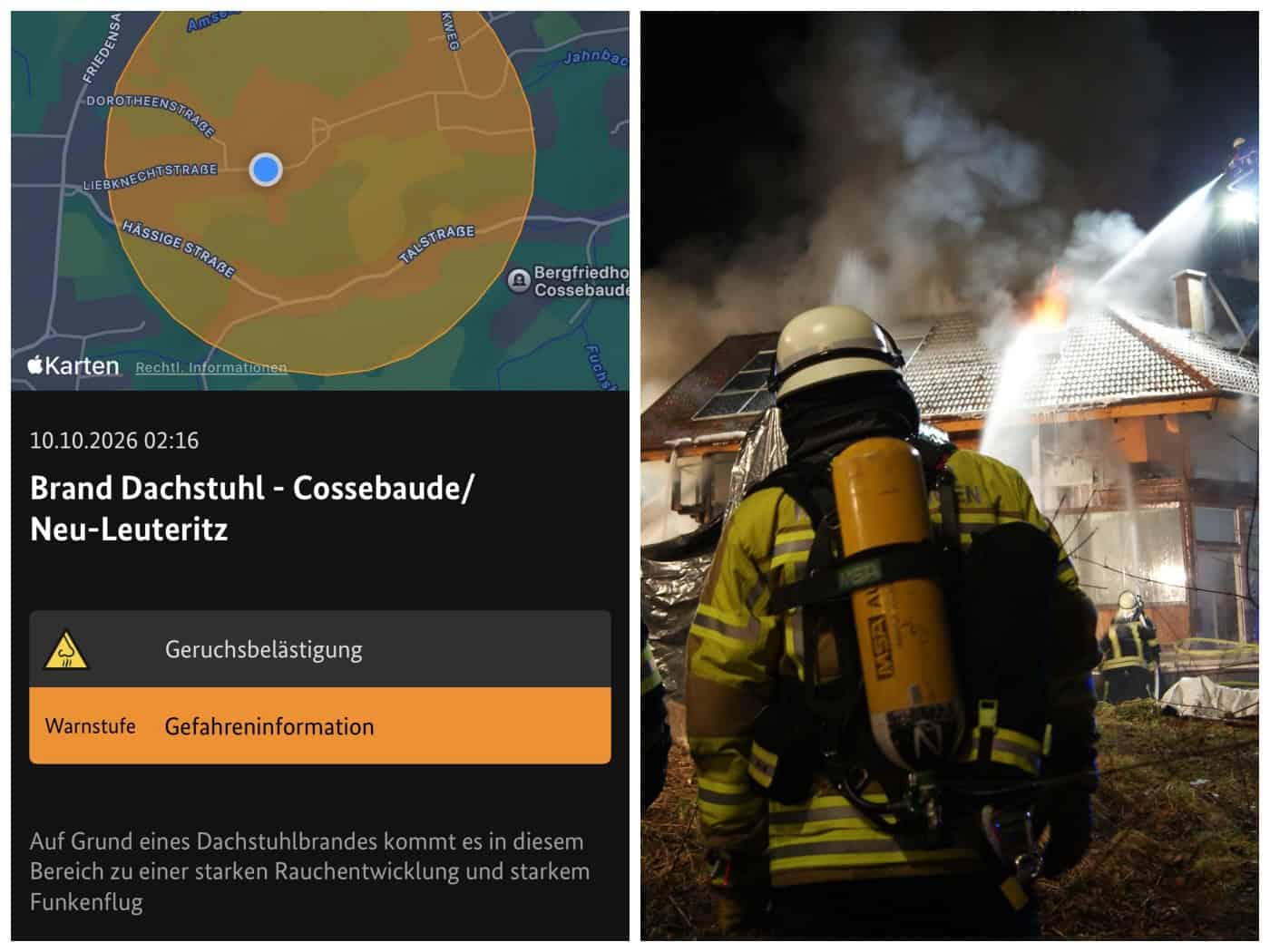 Zweiteiliges Bild: Links ein Screenshot einer Warn-App mit Karte von Cossebaude und Meldung zu Dachstuhlbrand sowie Rauchbelastung. Rechts ein Symbolbild eines Feuerwehrmannes unter Atemschutz vor einem brennenden Haus bei Nacht im Löscheinsatz.
