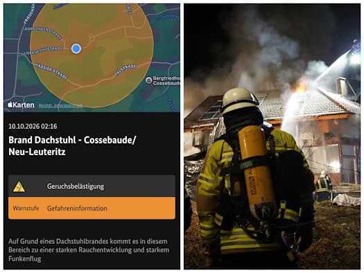 Zweiteiliges Bild: Links ein Screenshot einer Warn-App mit Karte von Cossebaude und Meldung zu Dachstuhlbrand sowie Rauchbelastung. Rechts ein Symbolbild eines Feuerwehrmannes unter Atemschutz vor einem brennenden Haus bei Nacht im Löscheinsatz.