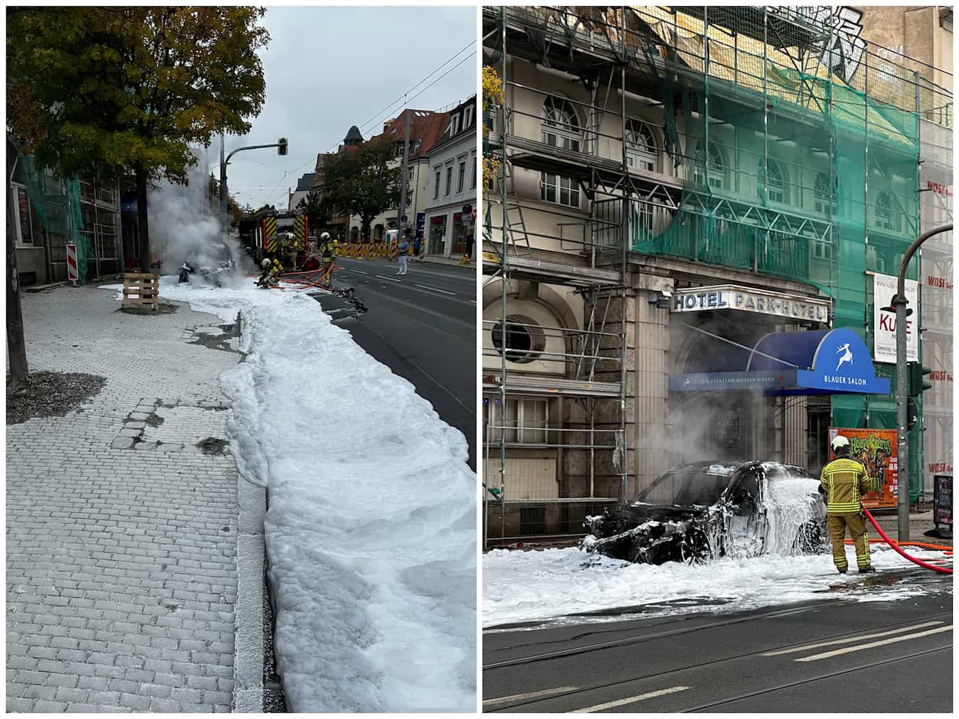 Löscheinsatz mit Schaumteppich am brennenden BMW vor dem Parkhotel Dresden Zweiteilige Collage des Feuerwehreinsatzes: Links ist ein breiter, weißer Schaumteppich auf dem gepflasterten Gehweg zu sehen; rechts kühlt ein Feuerwehrmann den stark beschädigten Wagen vor dem Eingang des Parkhotels mit einem Schlauch.