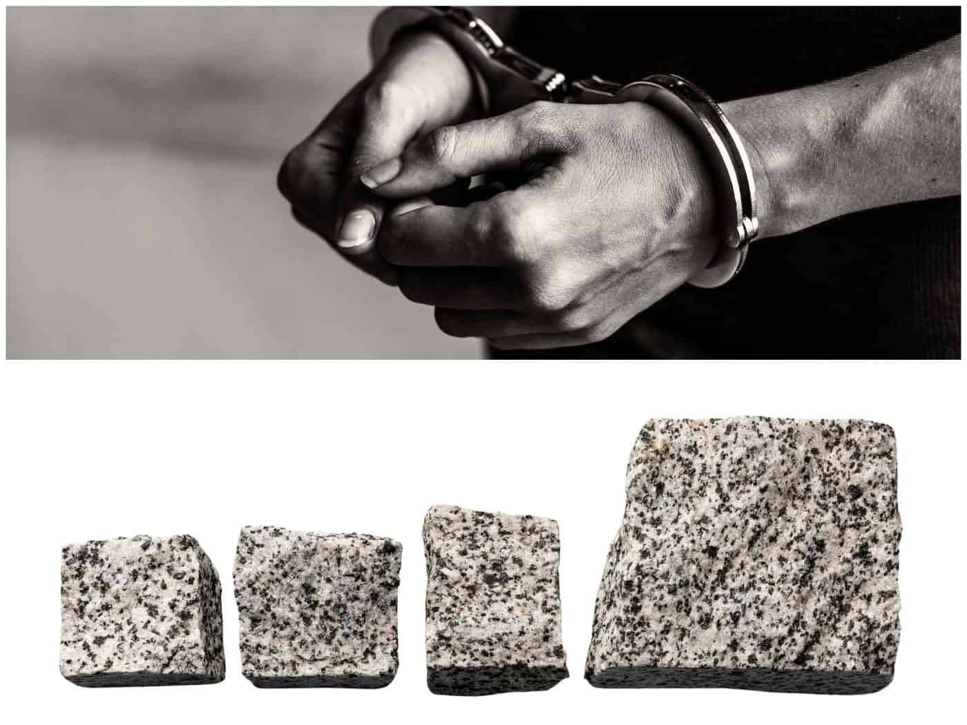 Zweiteilige Collage als Symbolbild. Oben sind die in Handschellen gelegten Hände einer Person in Schwarz-Weiß zu sehen. Unten liegen vier schwere, gesprenkelte Pflastersteine unterschiedlicher Größe vor weißem Hintergrund.
