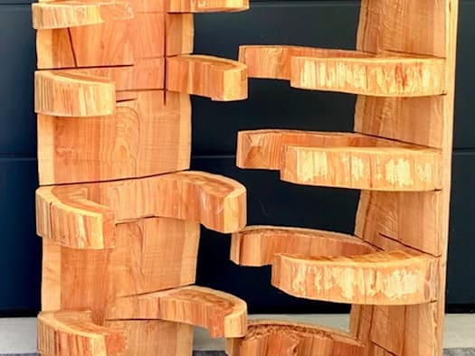 Zweiteilige Holzskulptur mit vielen waagerecht abstehenden, armartigen Holzscheiben vor einer dunklen Wand
