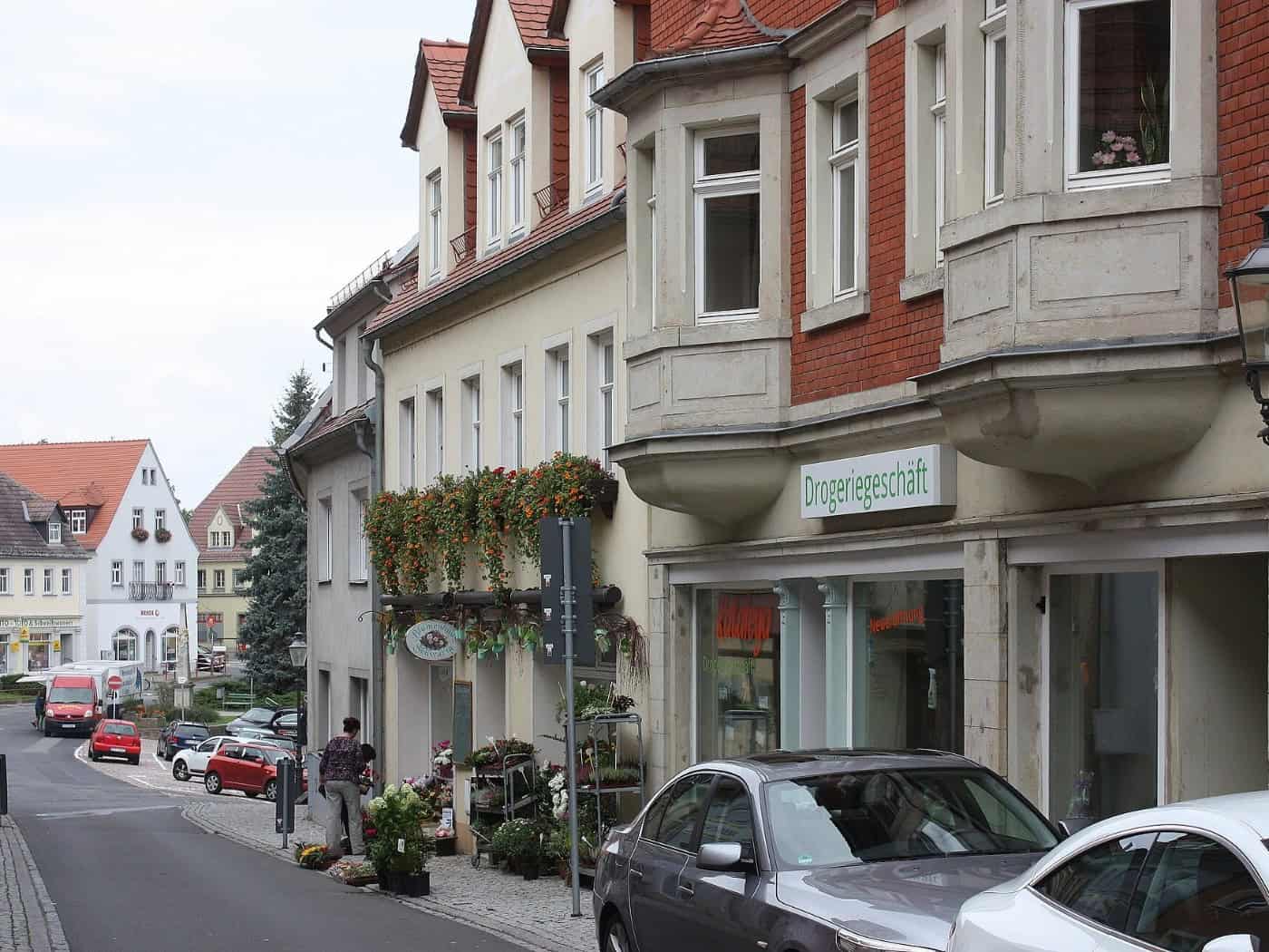 Blick über die Meißner Straße in Lommatzsch in Richtung Markt
