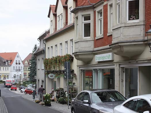 Blick über die Meißner Straße in Lommatzsch in Richtung Markt