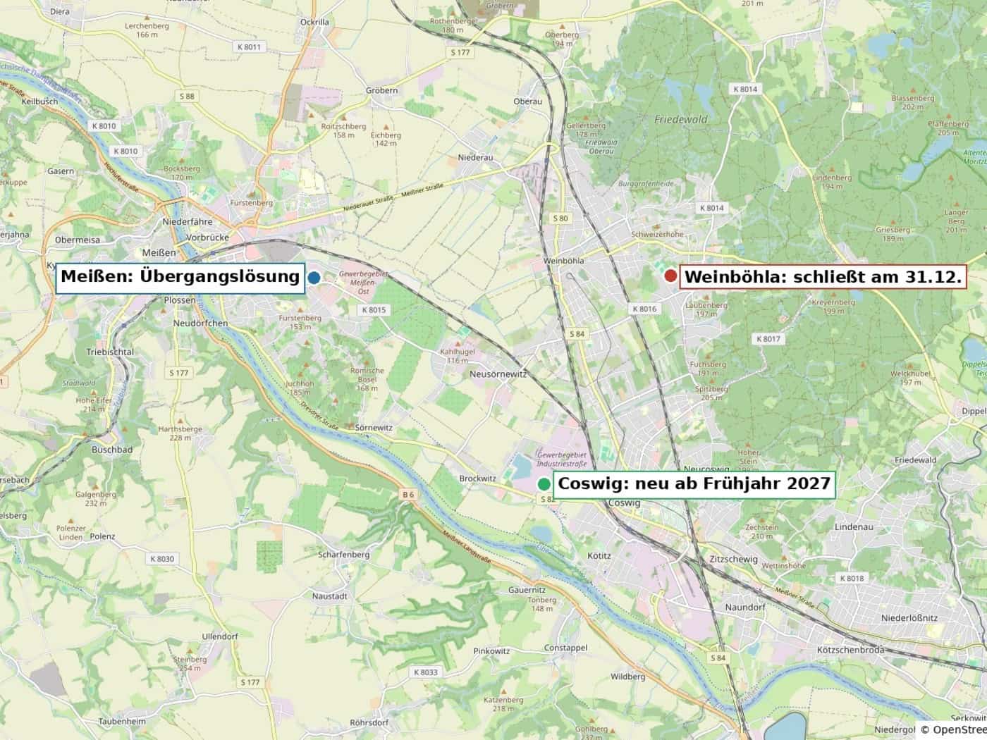 Landkarte der Gegend zwischen Meißen, Weinböhla und Coswig mit drei markierten Wertstoffhof-Standorten