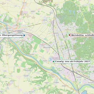 Landkarte der Gegend zwischen Meißen, Weinböhla und Coswig mit drei markierten Wertstoffhof-Standorten