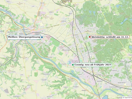Landkarte der Gegend zwischen Meißen, Weinböhla und Coswig mit drei markierten Wertstoffhof-Standorten