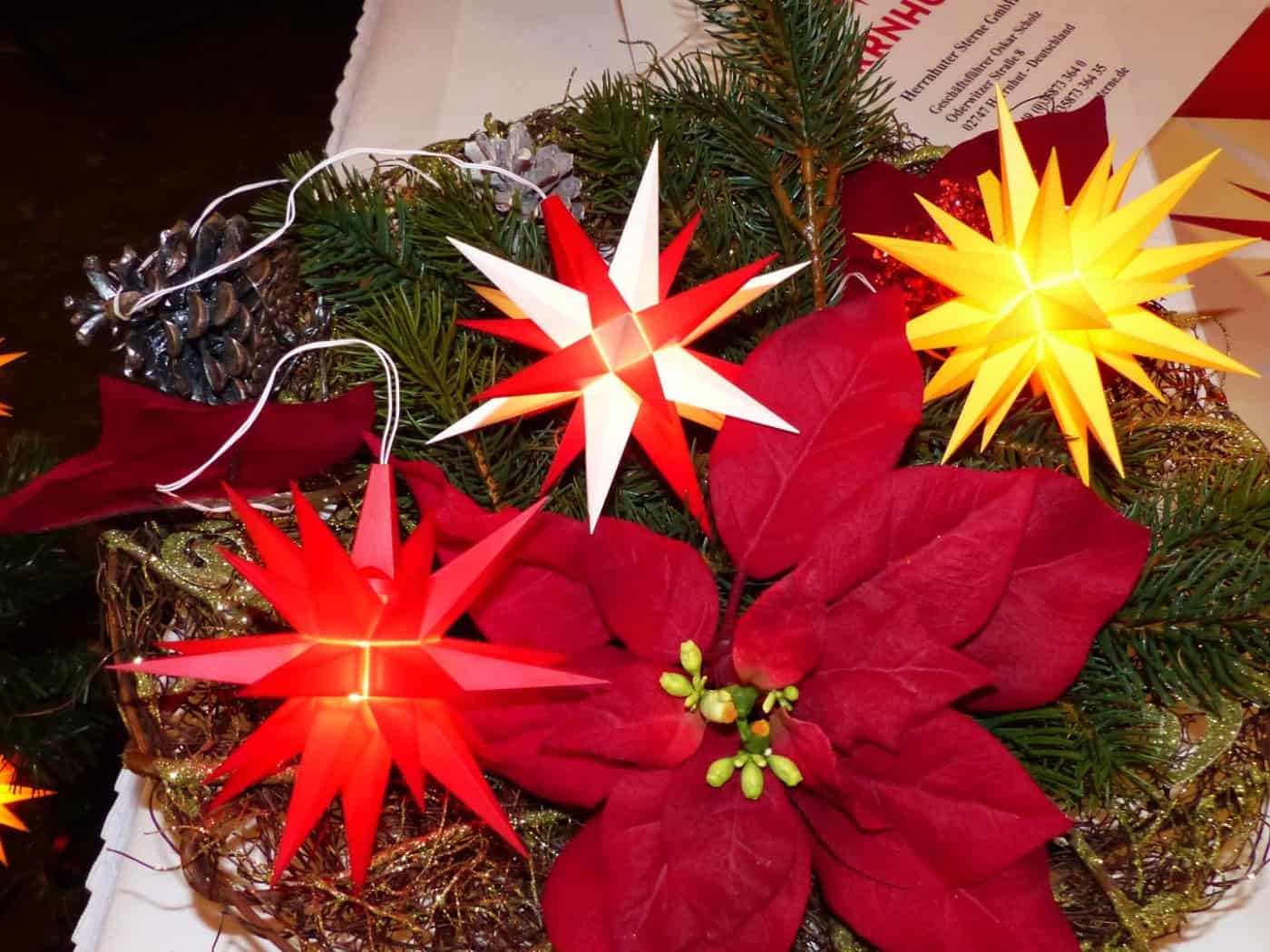 Rote, weiße und gelbe Herrnhuter Sterne leuchten auf einem Adventsgesteck mit Tannengrün und Weihnachtsstern