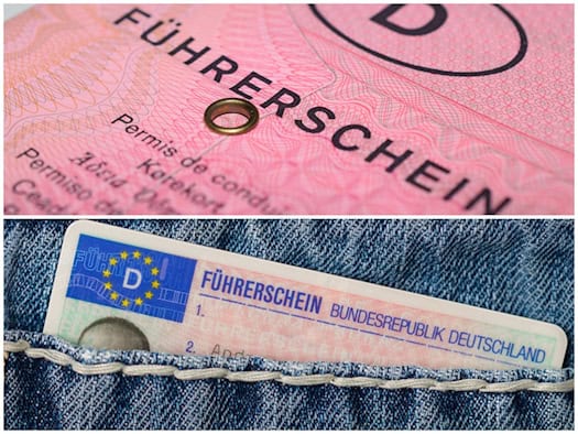 Zweiteilige Collage: Oben ist der Ausschnitt eines alten rosafarbenen Papierführerscheins zu sehen, unten steckt ein moderner EU-Kartenführerschein mit dem Schriftzug „BUNDESREPUBLIK DEUTSCHLAND“ in einer Jeans-Hosentasche.