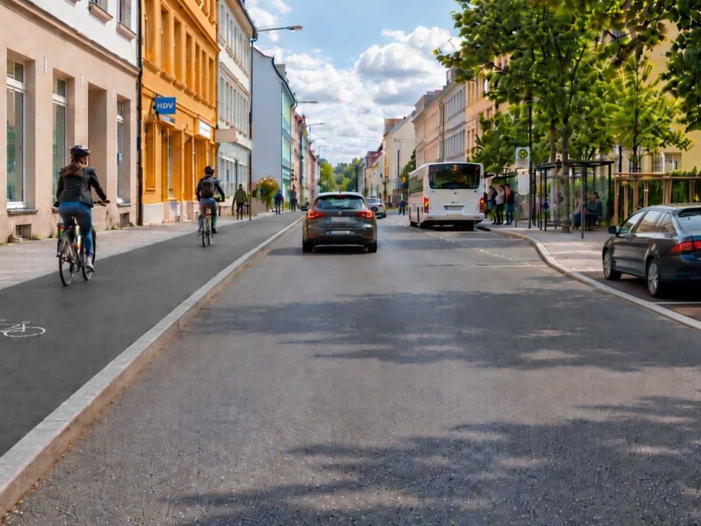 KI-generierte Visualisierung einer möglichen Neugestaltung der Goethestraße in Riesa.