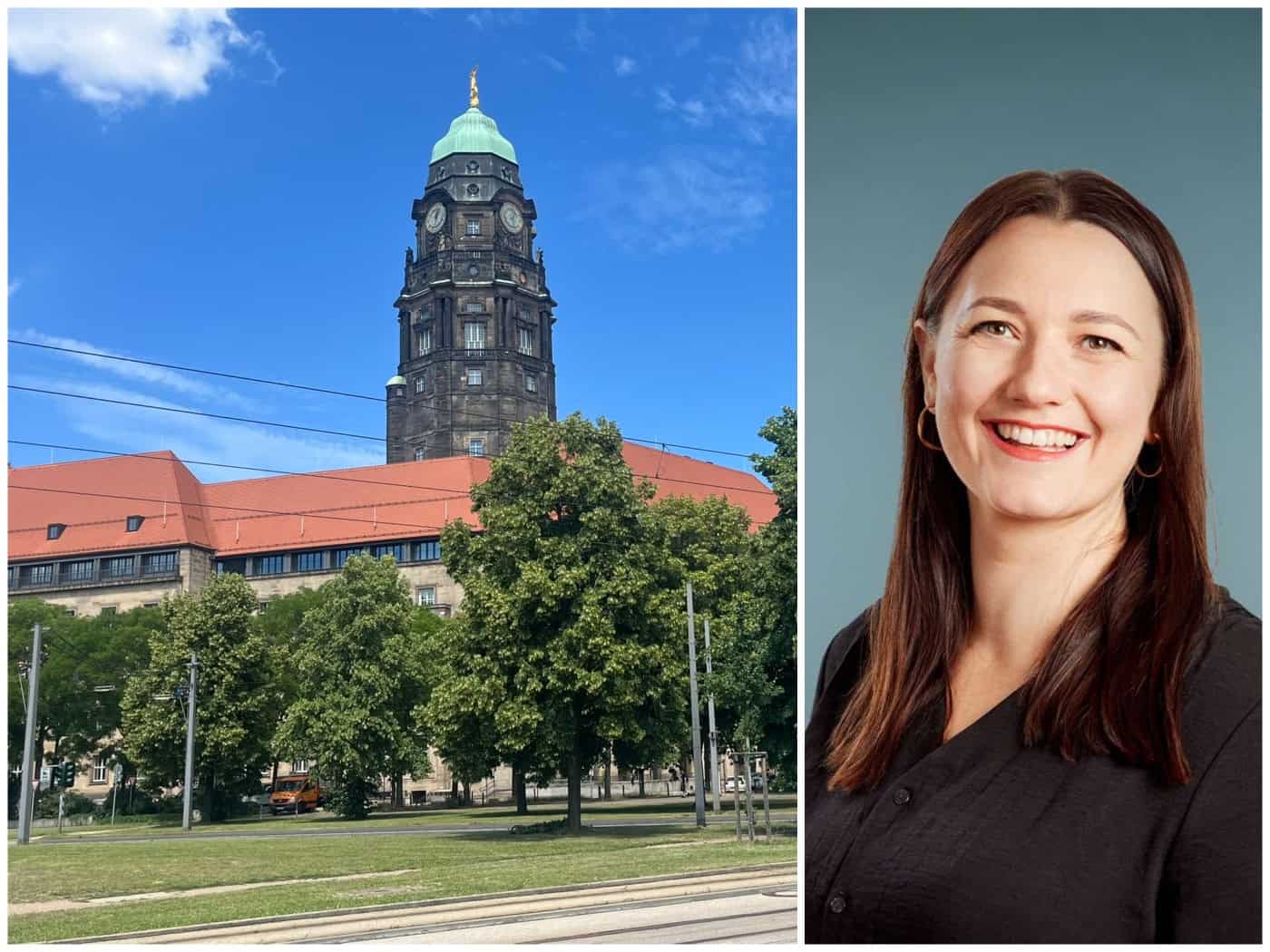Ein vertikal geteiltes Bild. Links eine Außenansicht des Neuen Rathauses Dresden mit Rathausturm und grüner Kuppel unter blauem Himmel. Rechts ein Porträt der lächelnden Katharina Ringler (Grüne) mit dunklen Haaren und schwarzer Bluse vor grauem Hintergrund.