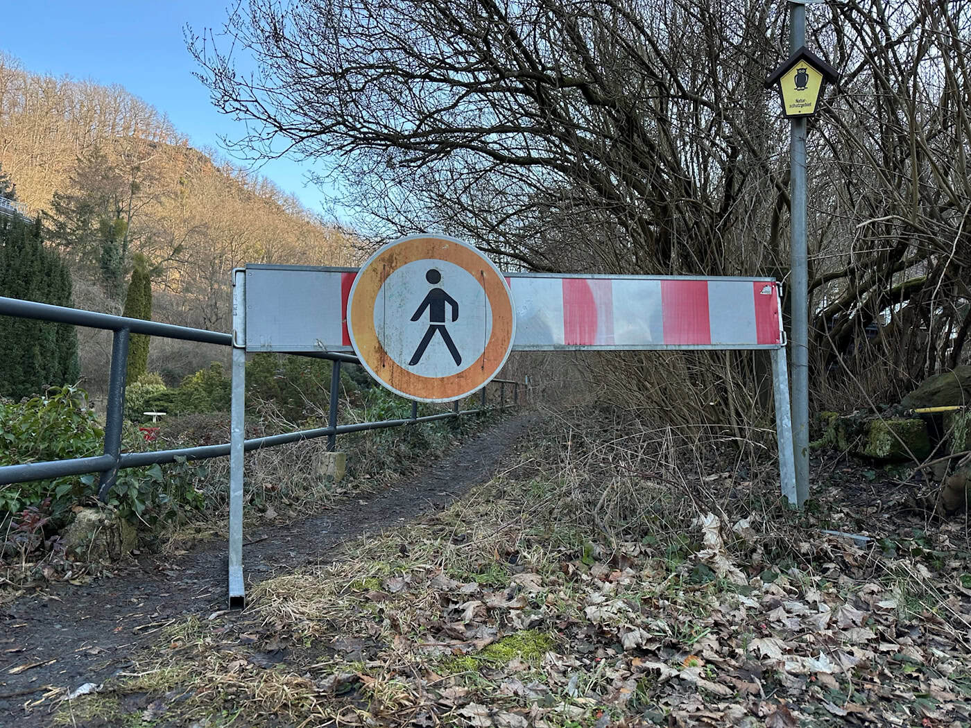 Sperrung im Keppgrund: Bürgerinitiative ermöglicht Sanierung des Wanderwegs in Dresden Ein rot-weiß gestreifter Absperrzaun und ein rundes Verkehrsschild mit Fußgänger-Symbol (Durchgang verboten) versperren einen schmalen, laubbedeckten Wanderweg im waldigen Keppgrund bei Dresden.