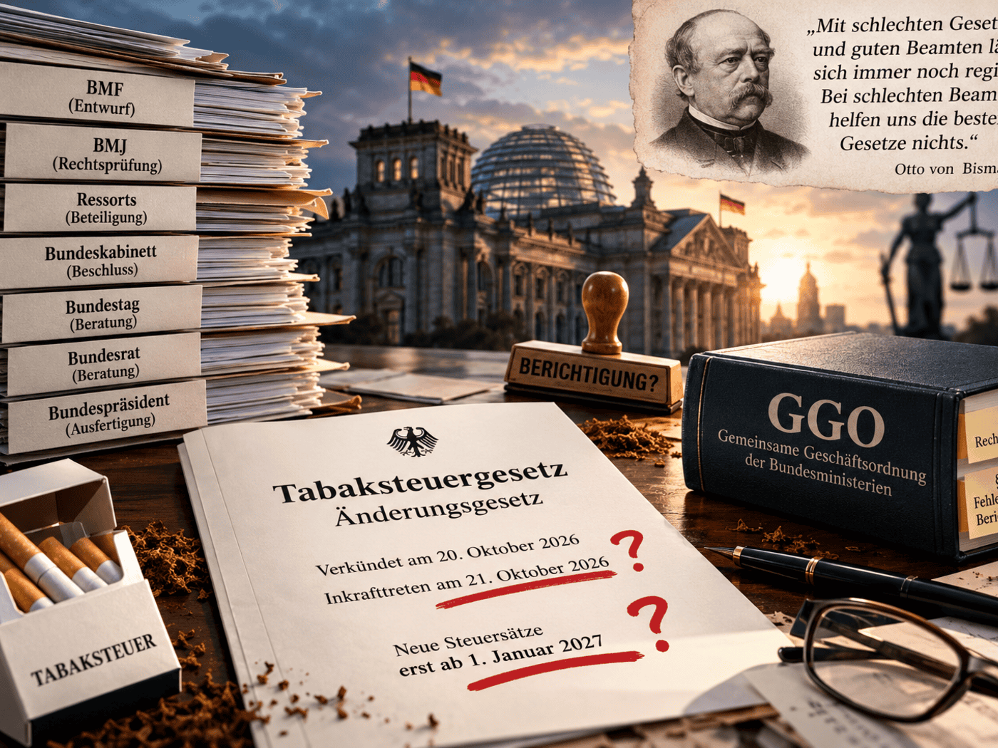 KI-generierte Illustration: Reichstagsgebäude, umgeben von Aktenstapeln, dem fehlerhaften Tabaksteuergesetz, der GGO und einem Bismarck-Zitat.