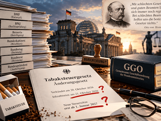 KI-generierte Illustration: Reichstagsgebäude, umgeben von Aktenstapeln, dem fehlerhaften Tabaksteuergesetz, der GGO und einem Bismarck-Zitat.