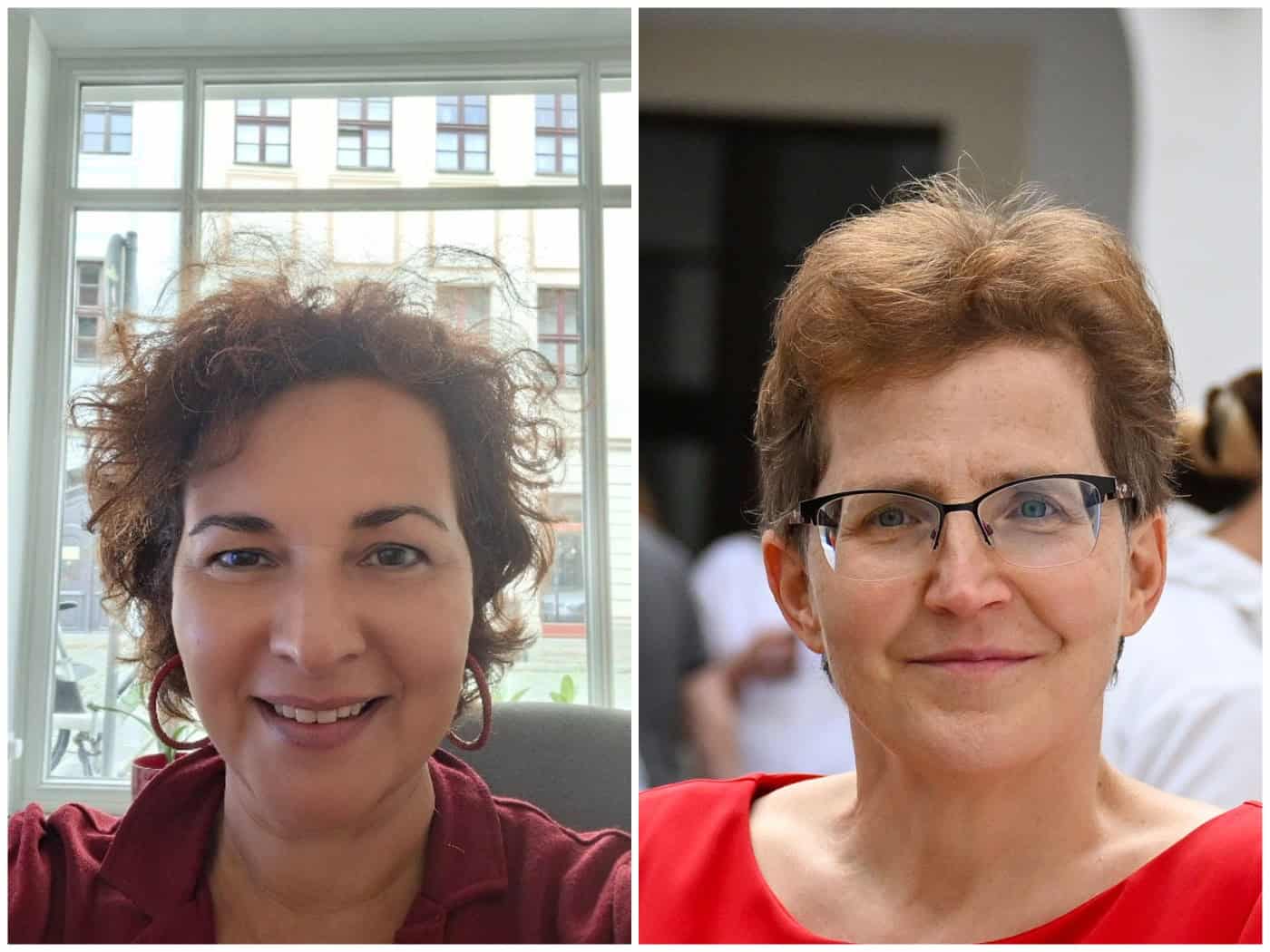 Zweiteiliges Porträt: Links lächelt Luciana Cristina Marinho Schollmeier mit dunklem, lockigem Haar vor einem Fenster. Rechts ist Kristina Winkler mit Kurzhaarschnitt, Brille und rotem Oberteil in Nahaufnahme zu sehen.