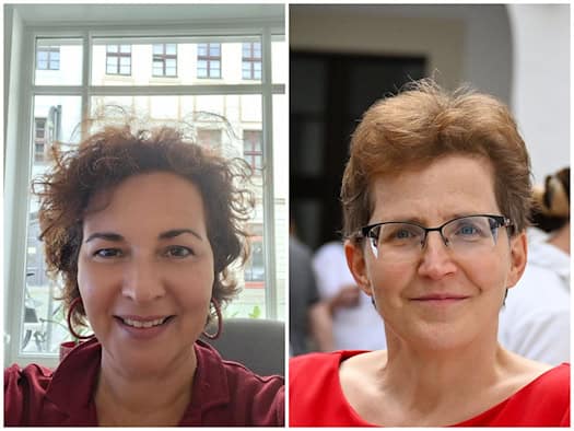 Zweiteiliges Porträt: Links lächelt Luciana Cristina Marinho Schollmeier mit dunklem, lockigem Haar vor einem Fenster. Rechts ist Kristina Winkler mit Kurzhaarschnitt, Brille und rotem Oberteil in Nahaufnahme zu sehen.