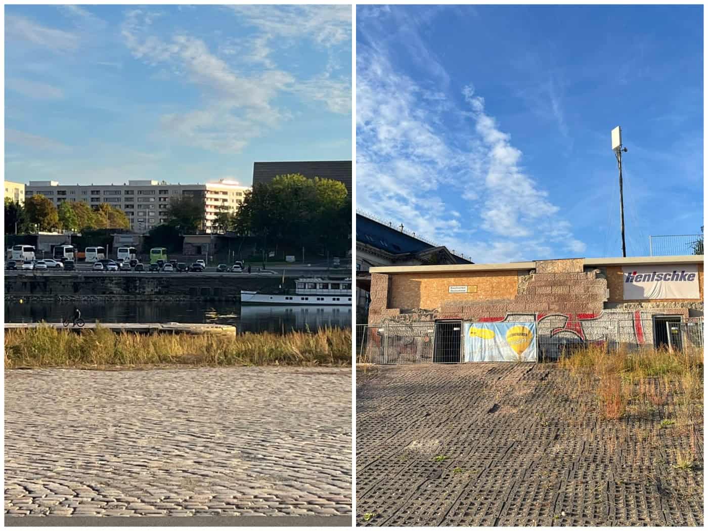 Zweiteilige Collage: Links Pflasterstein-Uferpromenade mit Blick über die Elbe auf ein Ausflugsschiff und Gebäude. Rechts abgesperrter Bereich mit Bauzaun, Bannern und Überresten eines Brückenkopfs am Elbufer.