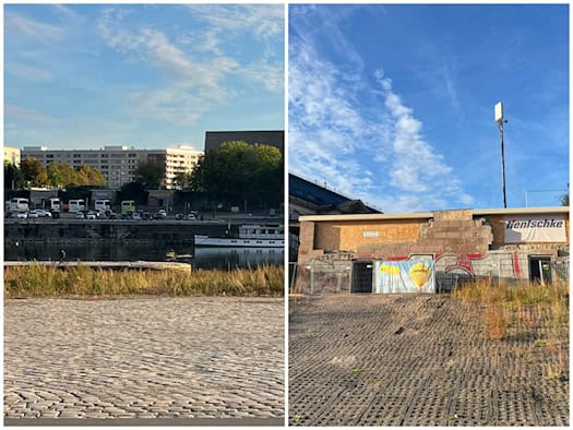 Zweiteilige Collage: Links Pflasterstein-Uferpromenade mit Blick über die Elbe auf ein Ausflugsschiff und Gebäude. Rechts abgesperrter Bereich mit Bauzaun, Bannern und Überresten eines Brückenkopfs am Elbufer.
