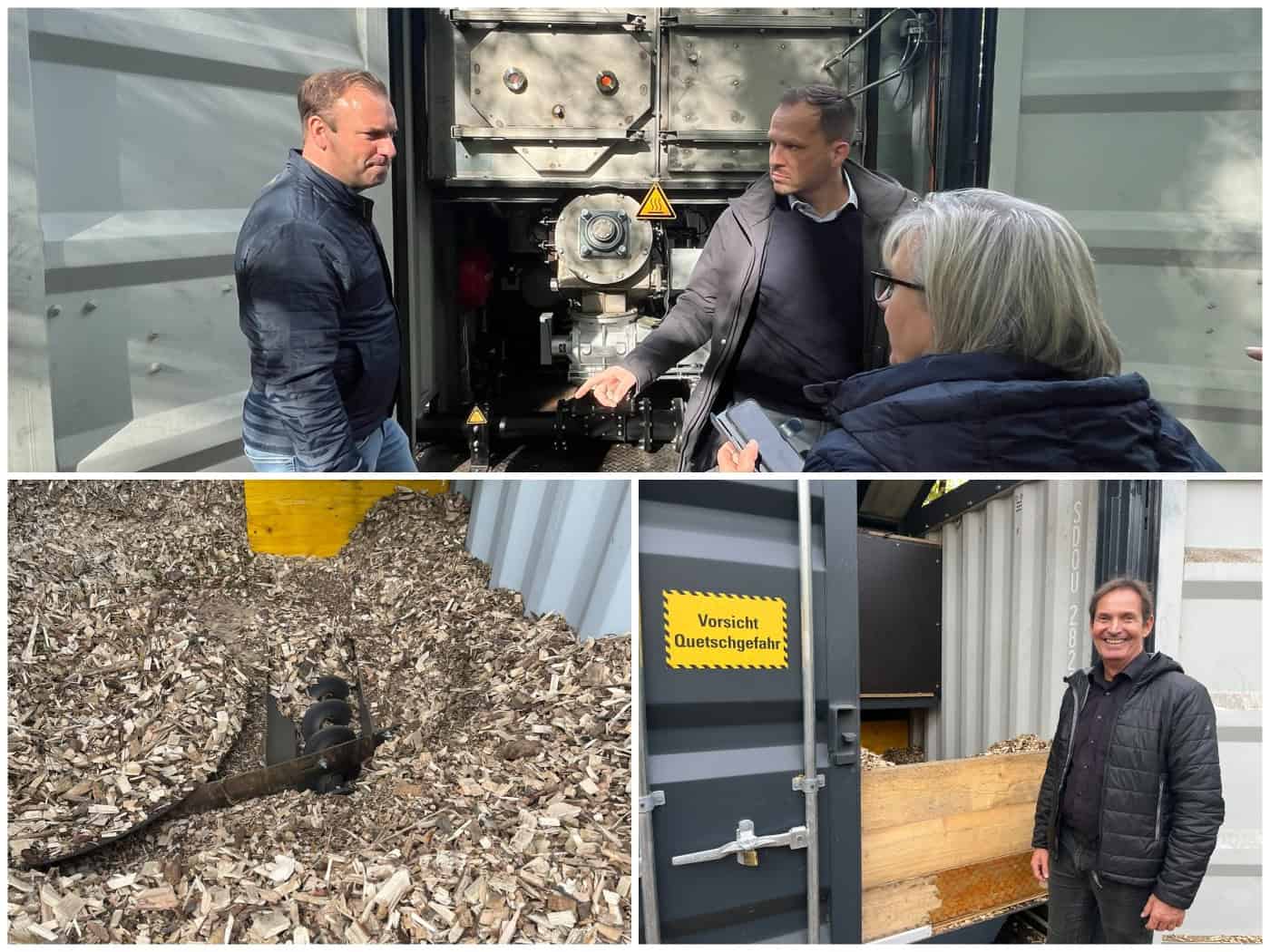 Dreiteilige Collage: Oben erklären zwei Männer vor einer Maschine die Technik, unten links liegt eine Förderschnecke in Holzhackschnitzeln, unten rechts steht Harald Ley neben dem geöffneten Holzcontainer.