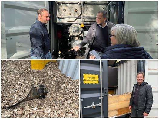 Dreiteilige Collage: Oben erklären zwei Männer vor einer Maschine die Technik, unten links liegt eine Förderschnecke in Holzhackschnitzeln, unten rechts steht Harald Ley neben dem geöffneten Holzcontainer.