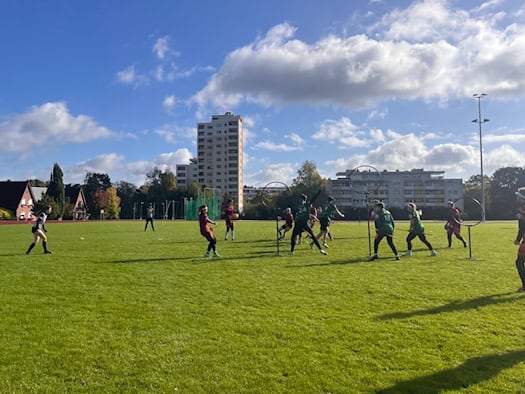 Quadball-Spieler auf einem grünen Sportplatz bei Sonnenschein; Teams laufen mit Plastikstangen zwischen den Beinen auf Tore aus Ring-Ständern zu. Im Hintergrund stehen Wohngebäude und Bäume unter blauem Himmel mit Schönwetterwolken.