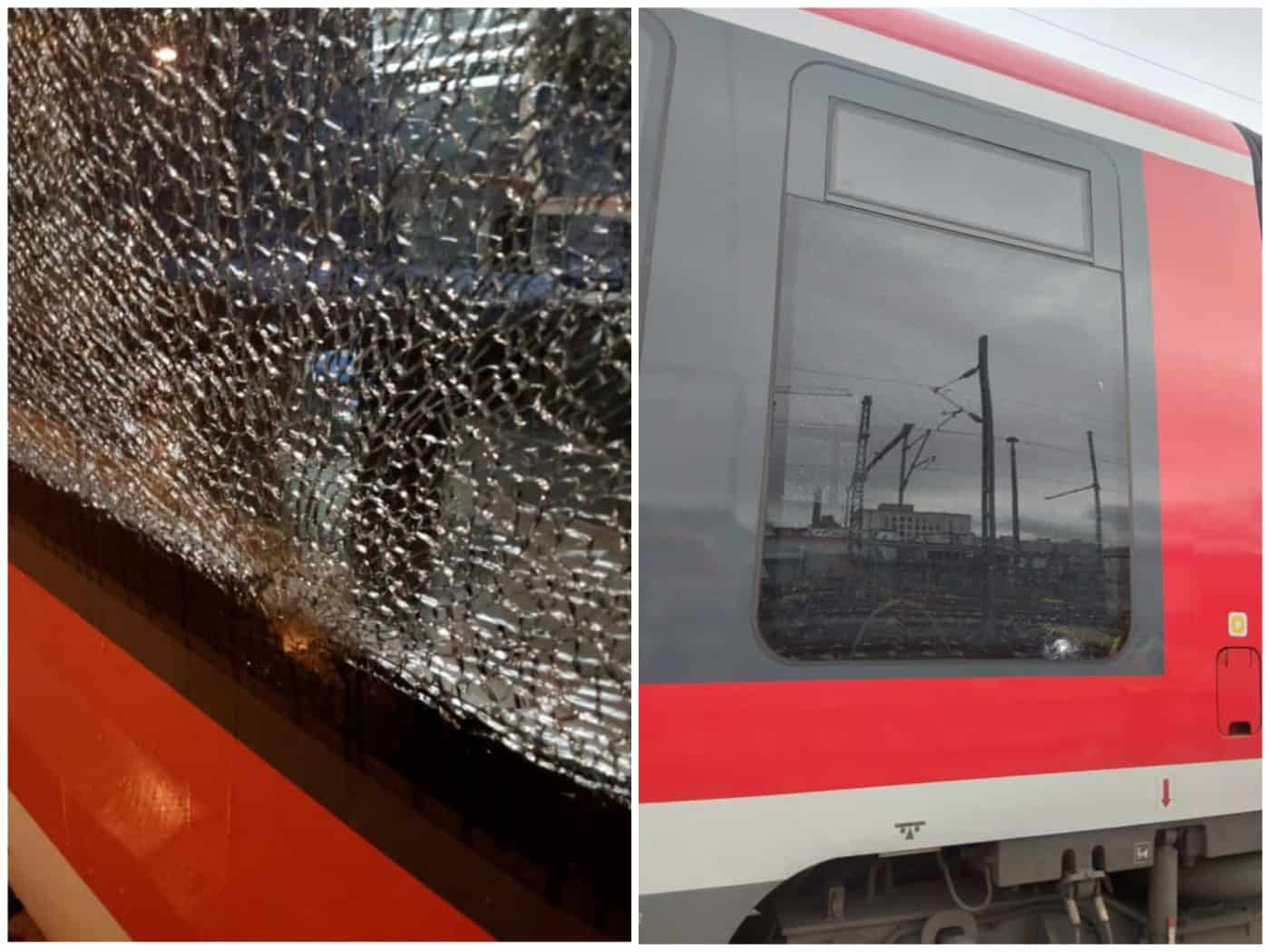 Zweiteilige Collage: Links eine durch Steinwurf völlig zersplitterte Scheibe eines rot-weißen Zuges. Rechts die Seitenansicht eines S-Bahn-Wagons mit Einschlagloch im Fensterglas.