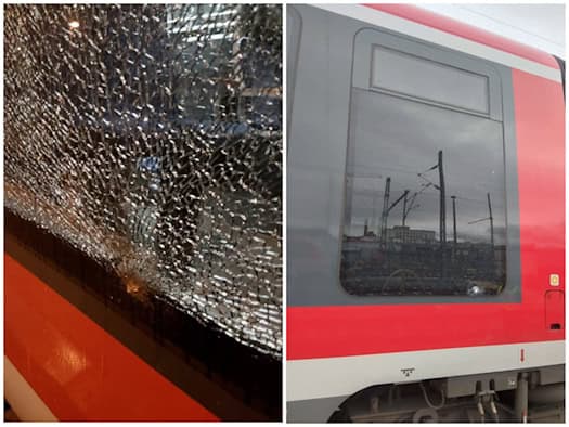 Zweiteilige Collage: Links eine durch Steinwurf völlig zersplitterte Scheibe eines rot-weißen Zuges. Rechts die Seitenansicht eines S-Bahn-Wagons mit Einschlagloch im Fensterglas.