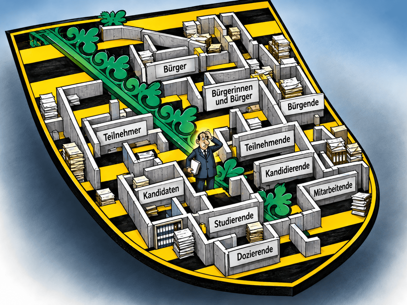 Karikatur des sächsischen Staatswappens als Behördenlabyrinth mit Schildern wie Bürger, Bürgende, Teilnehmer und Teilnehmende. Ein ratloser Mann steht in der Mitte.
