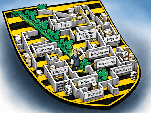 Karikatur des sächsischen Staatswappens als Behördenlabyrinth mit Schildern wie Bürger, Bürgende, Teilnehmer und Teilnehmende. Ein ratloser Mann steht in der Mitte.