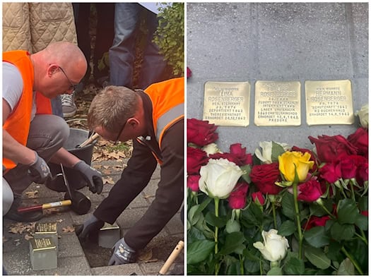 Zweiteilige Collage: Links setzen zwei Männer in Warnwesten die Steine in den Gehweg. Rechts liegen drei im Boden eingelassene Stolpersteine mit den Namen von Lina, Philipp und Hermann Rosenberger, geschmückt mit roten, weißen und gelben Rosen.