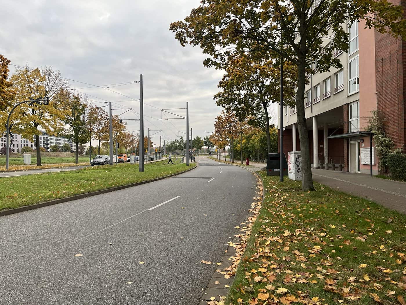 Blick entlang der leicht geschwungenen Straße An der Flutrinne in Dresden-Übigau; am rechten Fahrbahnrand im herbstlichen Laub stehen der graue Blitzer-Anhänger und ein grauer Schaltkasten vor einer rot-weißen Häuserfassade.