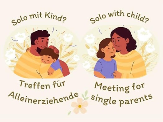 Illustration von Elternteilen, die ihre Kinder umarmen, mit dem Schriftzug Treffen für Alleinerziehende
