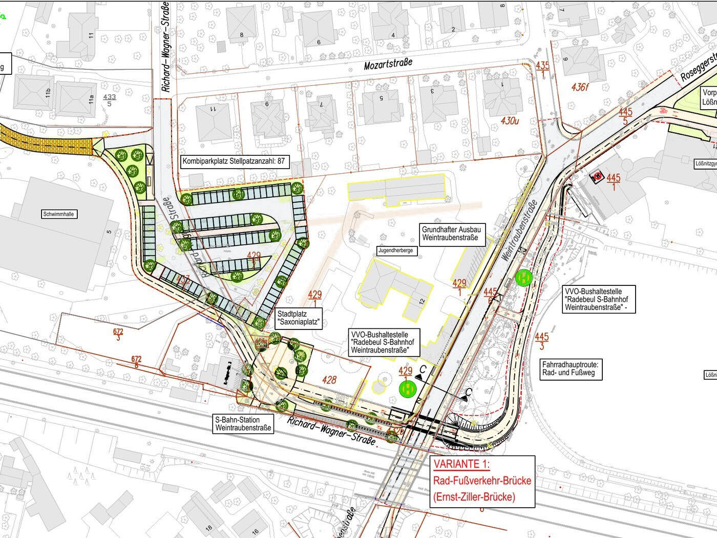 Lageplan mit geplanter Rad- und Fußverkehrsbrücke über die Weintraubenstraße am S-Bahn-Halt Radebeul-Weintraube