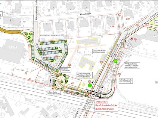 Lageplan mit geplanter Rad- und Fußverkehrsbrücke über die Weintraubenstraße am S-Bahn-Halt Radebeul-Weintraube