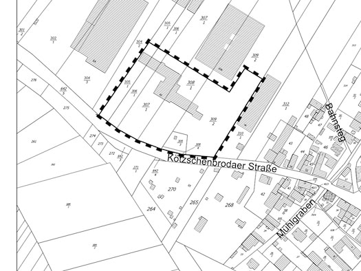 Flurkarte mit dem Geltungsbereich des Bebauungsplans Weißes Haus an der Kötzschenbrodaer Straße in Radebeul