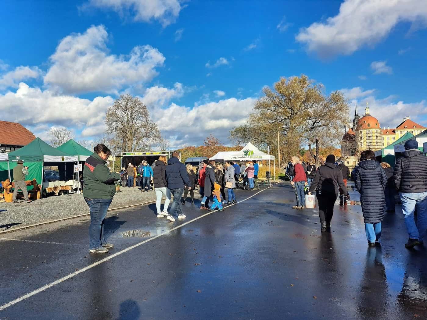 Besucher laufen über eine regennasse Straße zwischen grünen und weißen Marktzelten beim Fisch- und Waldfest in Moritzburg, rechts im Hintergrund die gelben Türme von Schloss Moritzburg unter blauem Himmel.