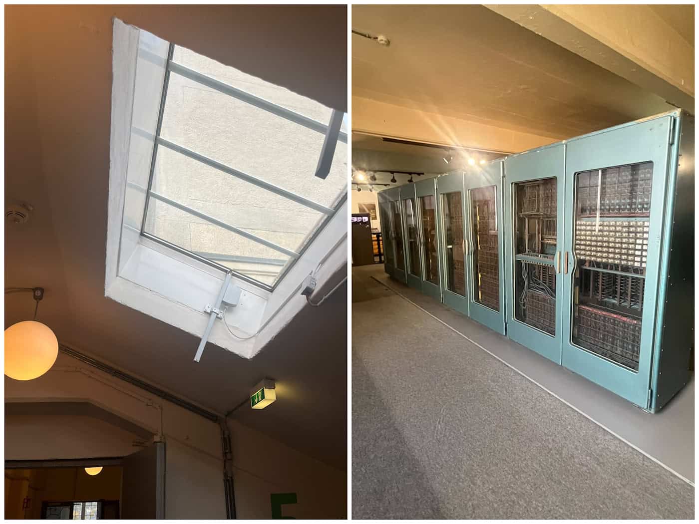 Zweiteilige Foto-Collage aus den Technischen Sammlungen Dresden: Links ein Blick nach oben auf ein verglastes Decken-Oberlicht mit Fluchtweg-Hinweisschild. Rechts steht ein großer, historischer Röhrenrechner in blauen Metallschränken im Ausstellungsraum.