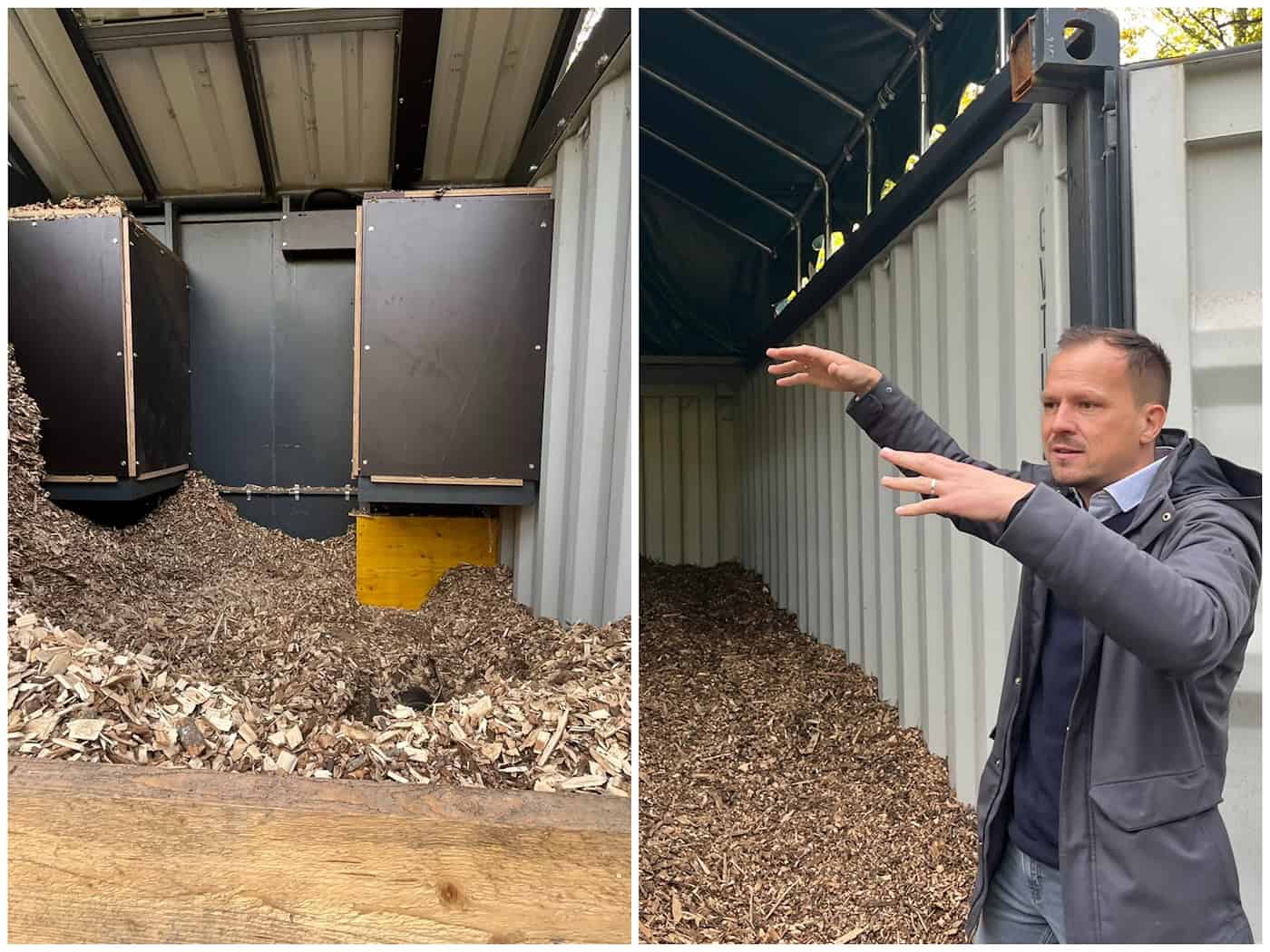 Trocknung der Holzhackschnitzel für die Pflanzenkohle-Herstellung Zweiteilige Collage: Links sind Holzhackschnitzel in der Pyrolyseanlage zu sehen. Rechts gestikuliert Claudius Wecke erklärend vor der Trocknungsanlage.