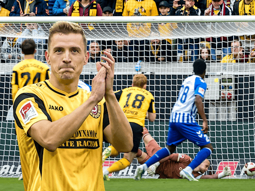 Dynamo Dresden Spieler Niklas Hauptmann bei einem Elfmeter