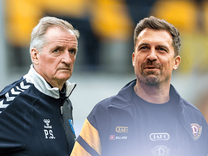 Dynamo Dresden Trainer Thomas Stamm und Magdeburg Trainer Petrik Sander.